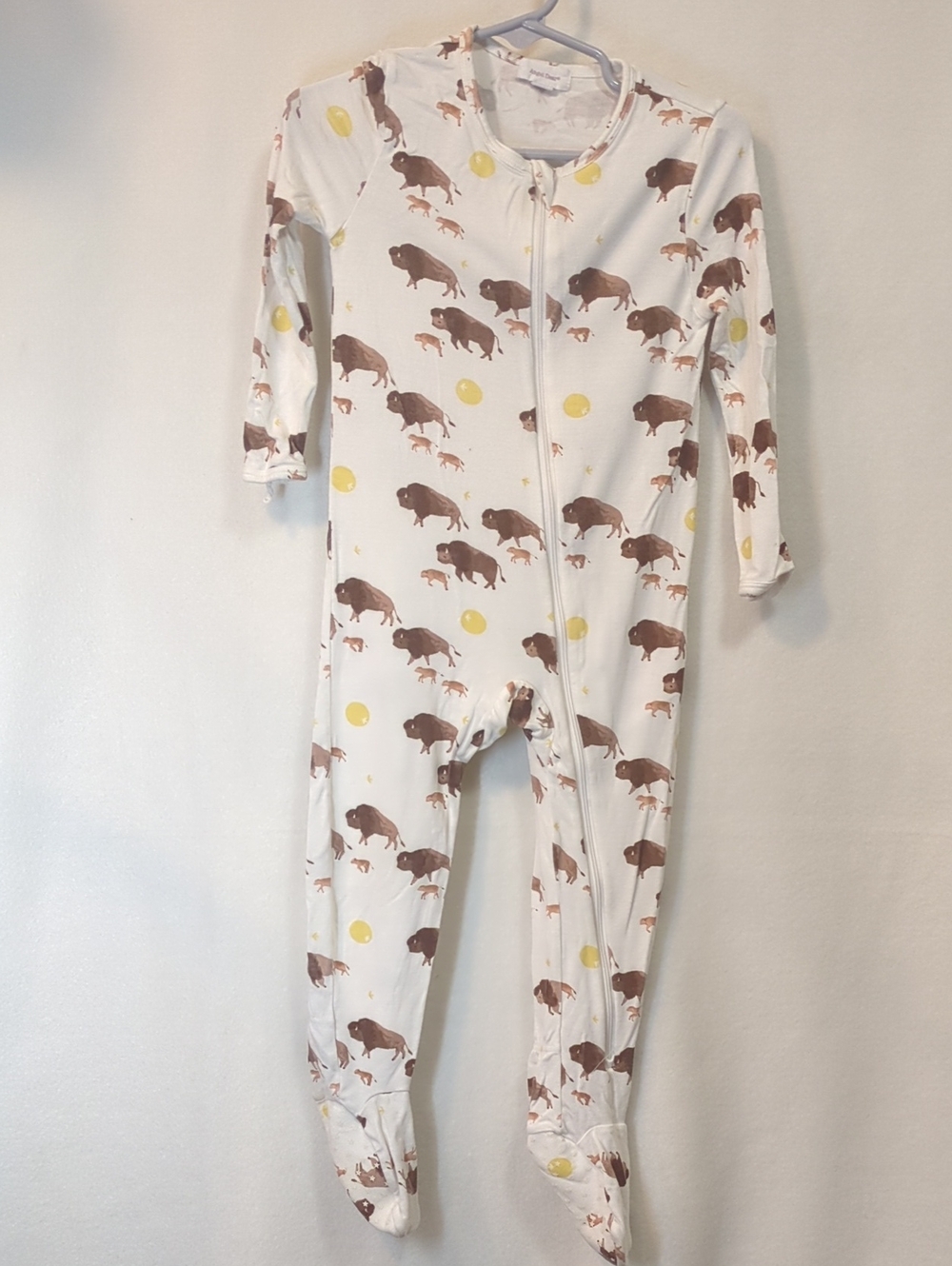 Angel Dear White Footed One-Piece with Brown Buffalo and Yellow Dot Print